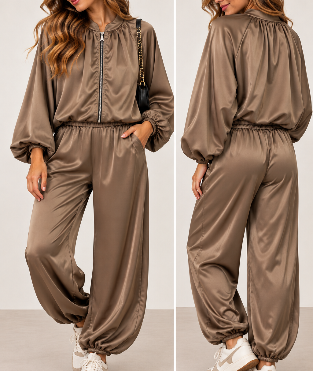 Conjunto chaqueta y pantalón satinado